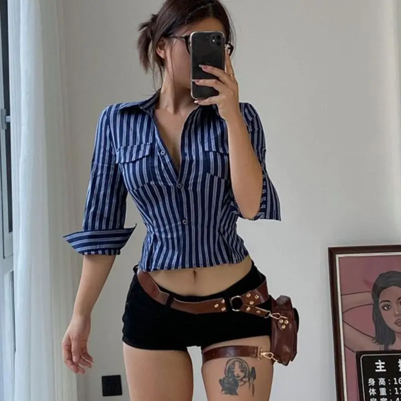 

Shirt Striped Lapel Revealing Navel Waist Design Sexy Cropped Top Fashion Shirt Women'S Spring Summer Shirt