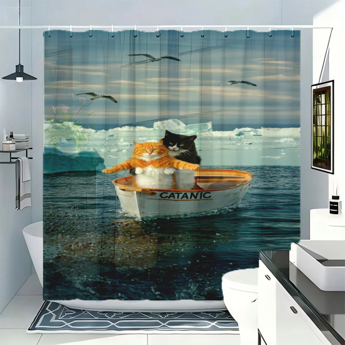 Funny Cat in Boat Shower Curtain, Titanic Parody Waterproof Bath Curtain, Humorous Pet Lover Bathroom Decor Art