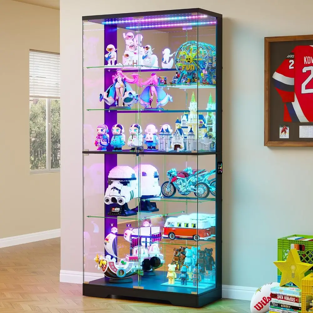 10-Tier Lockable Glass Display Cabinet with Motion Sensor RGB Lights, 71H Showcase for Collectibles, Black