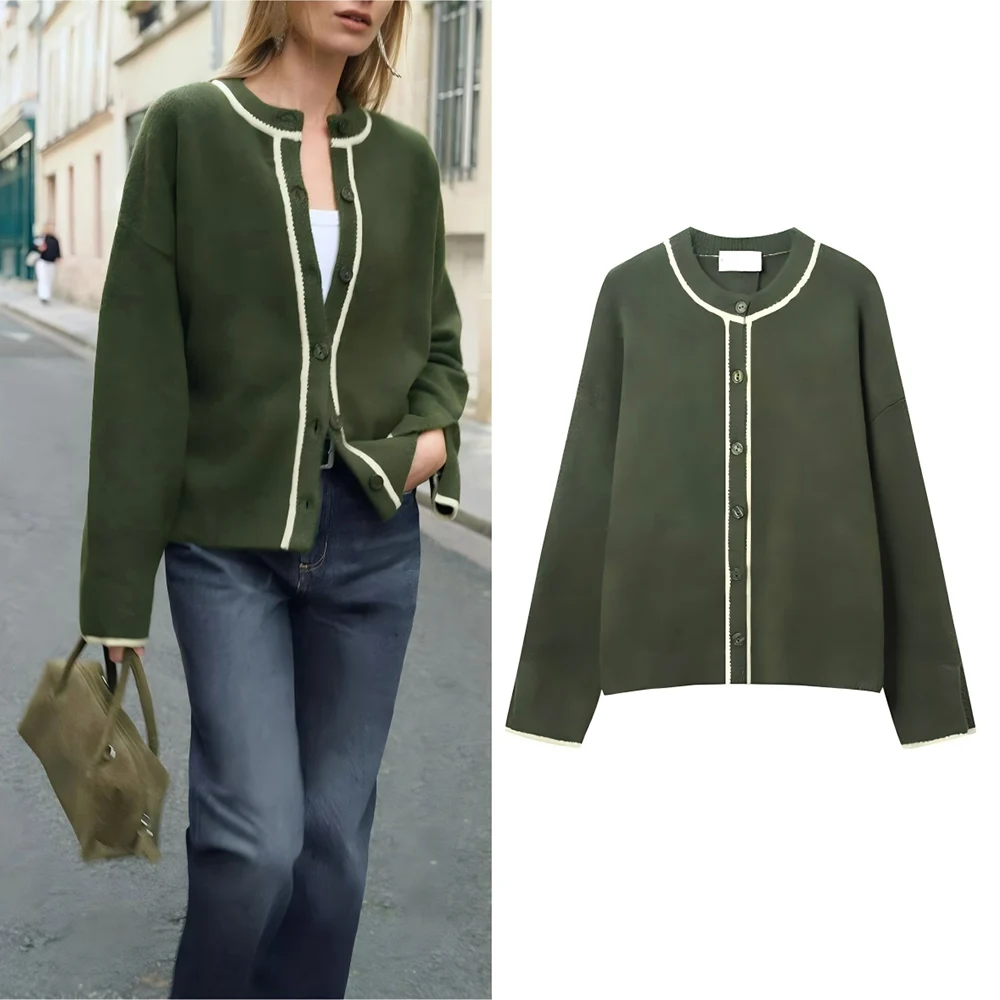 

Women's new fashion contrasting colors edge loose single breasted knitted Coat retro O Neck long sleeved women's Coat chic top