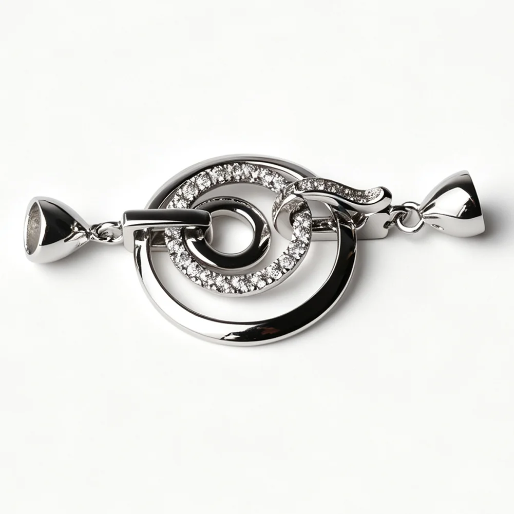 925 Sterling Silver 3 Circles Push End Cap Clasp, Rhodium Plated CZ Pearl Jewelry Findings