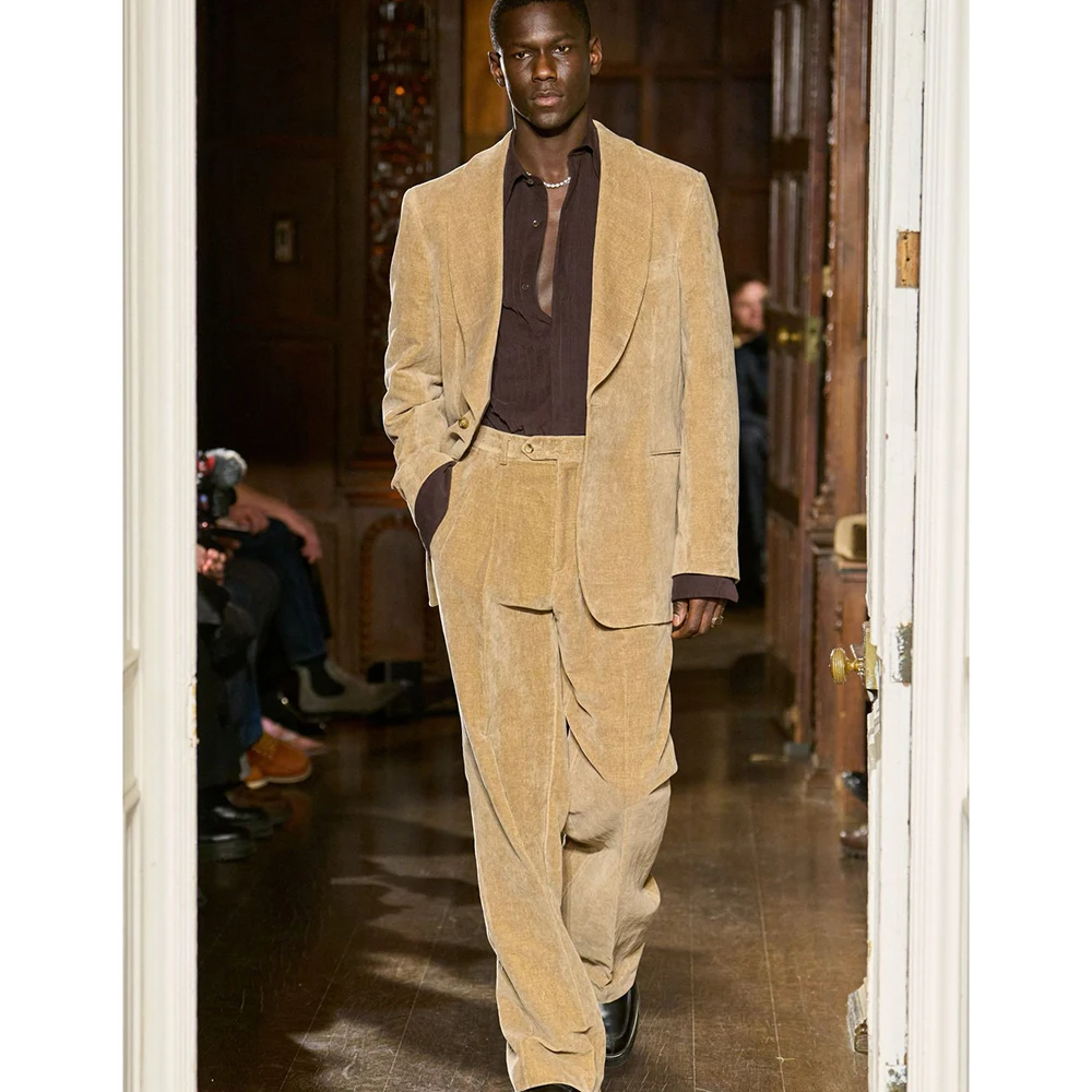 

Warm-Toned Light Camel Men Blazer&Wide-Leg Pant 2 Piece Set Single-Breasted Notch Lapel Loose Fit Office Casual Party Male