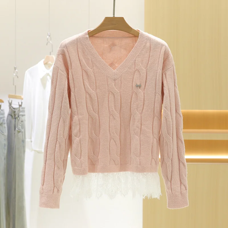 

Color Blo Lace Splice Knitted Long Sve Sweater Women's Base irt Slimming Versatile Winter New Sle Soft V-Ne Knitwear