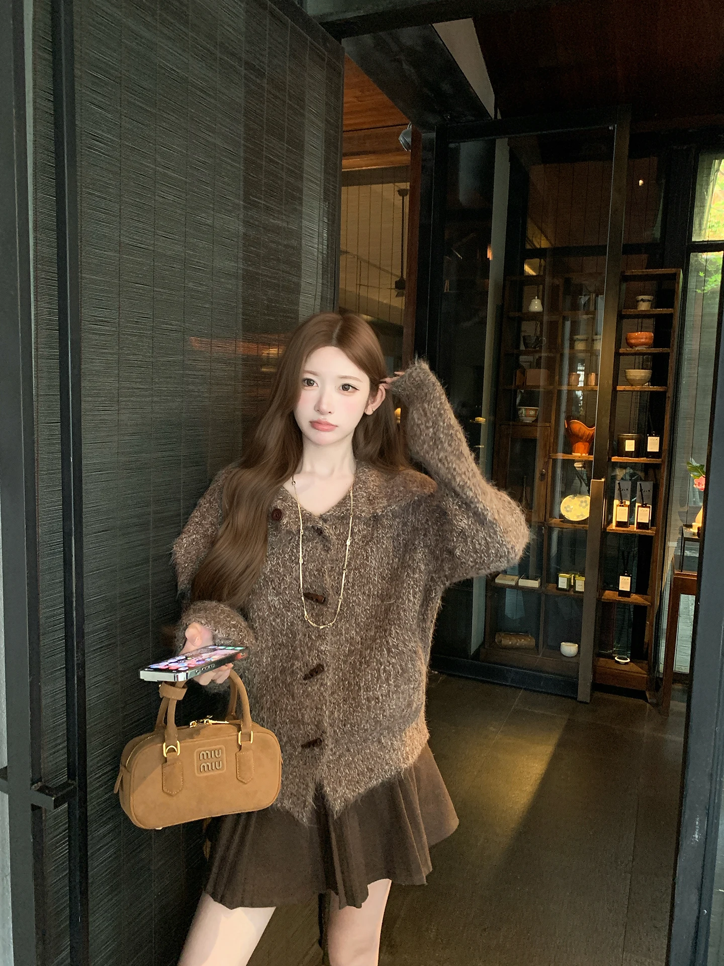 

Chen DaYu Vintage Brown Collar Knitted Sweater Women's Loose Lazy Open Cardigan Coat Winter Warm Thiened Long Sve ort ...