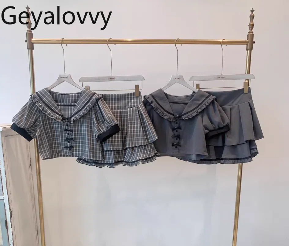 

Japanese Sweet Lolita Style Bowknot Ladies Two Piece Set Outfits Lace Sailor Collar Short Sleeve Top + Lace Trim Mini Skirt Sets