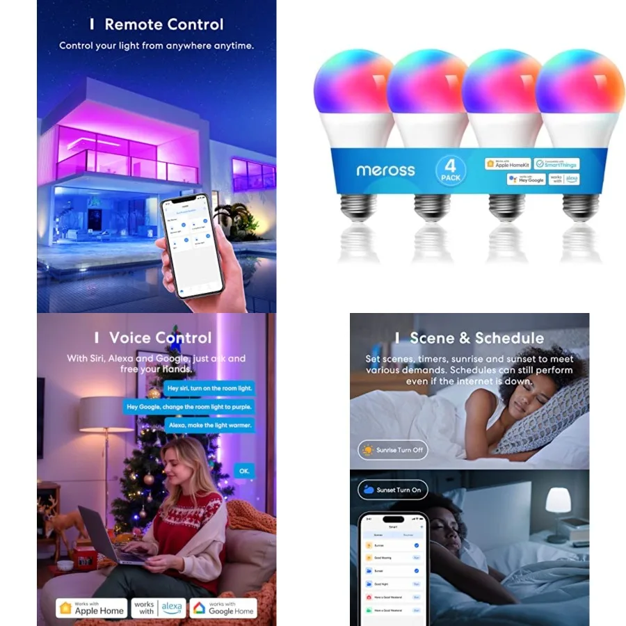 

Smart RGBWW WiFi LED Bulbs, Apple HomeKit Compatible, 60W Equivalent, 900 Lumens, Multicolor, 4 Pack