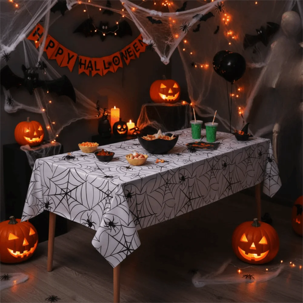 Plastic Halloween Disposable Spider Web Tablecloth Stain-resistant Waterproof Cobweb Party Tablecloth Oil-resistant Rectangular