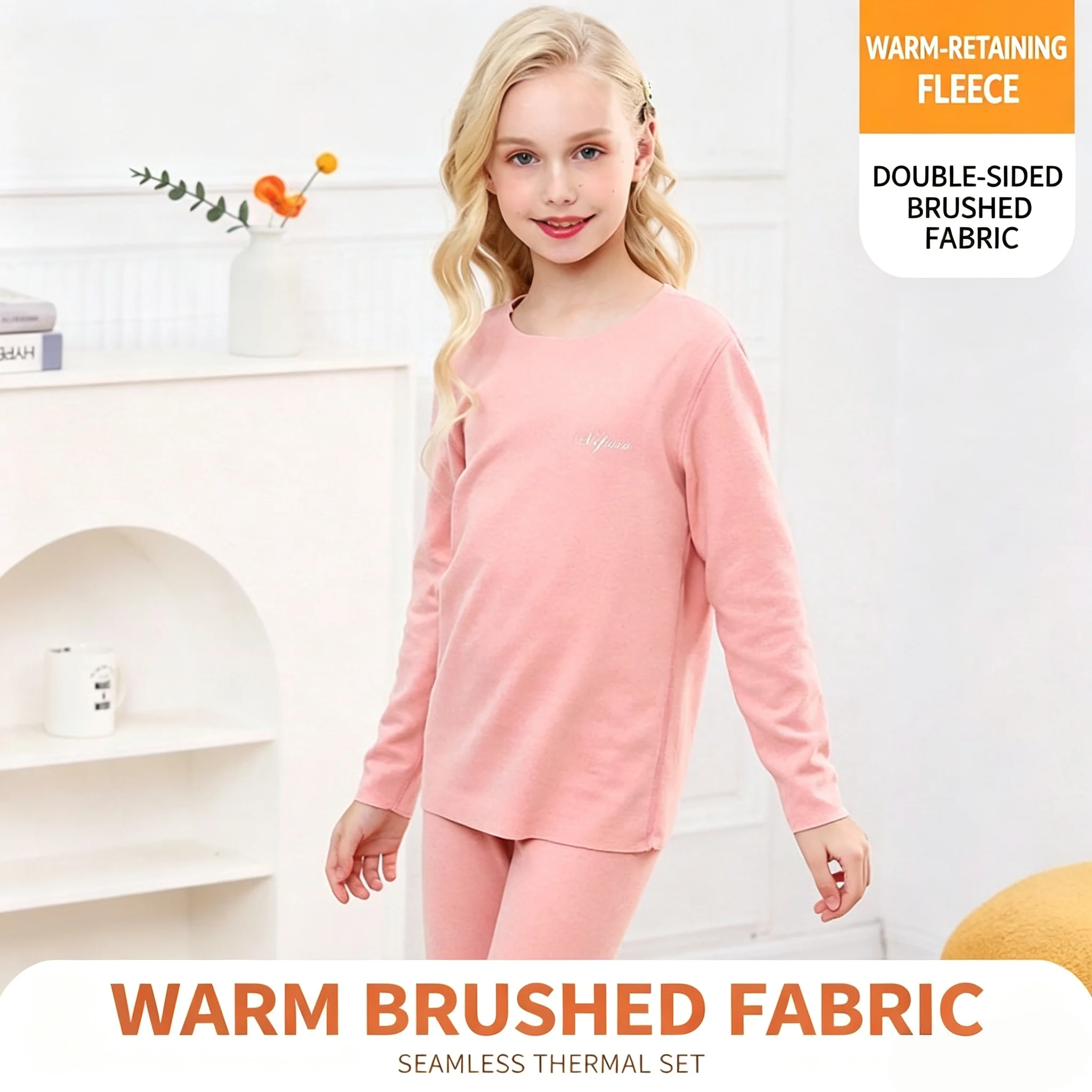 2026 German Velvet Girls Round Neck Medium Neck Long Johns for Children's Pajamas Warm Double-sided Abraded Suit Tops and Pants