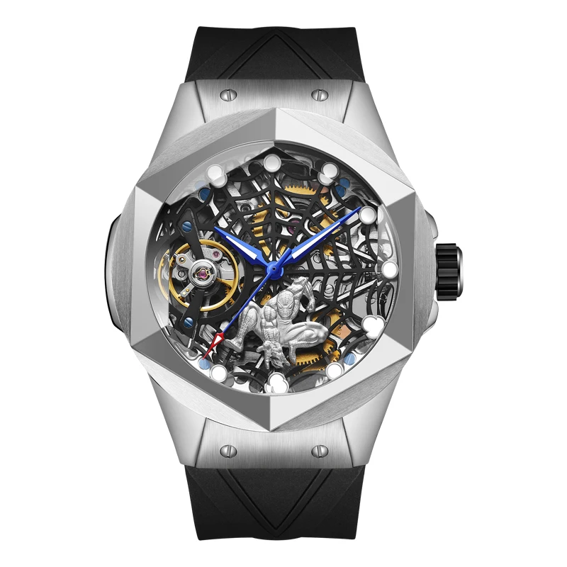 HANBORO Mens Watches Luxury Watch Automatic Mechanical Wristwatch Luminous Skeleton Hexagonal Bezel Rubber Strap