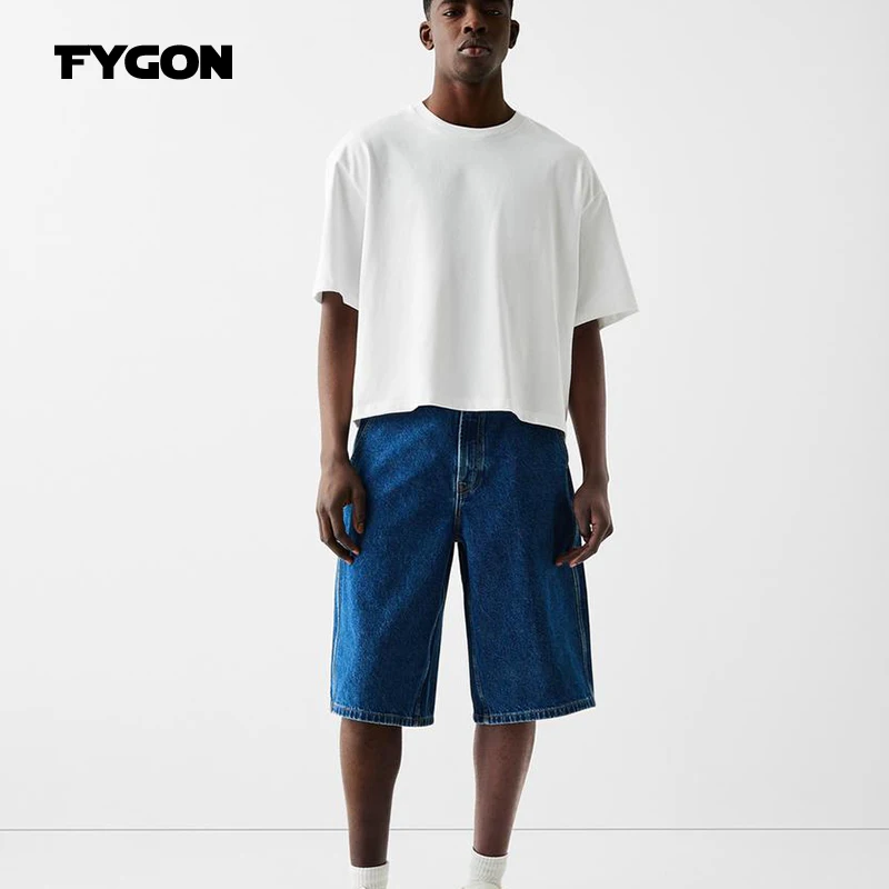 Fygon 2025 Summer Boxy Fit Cropped 100% Cotton T-shirts Oversized O-neck Solid Color Basic Short Sleeves Street Design Tops