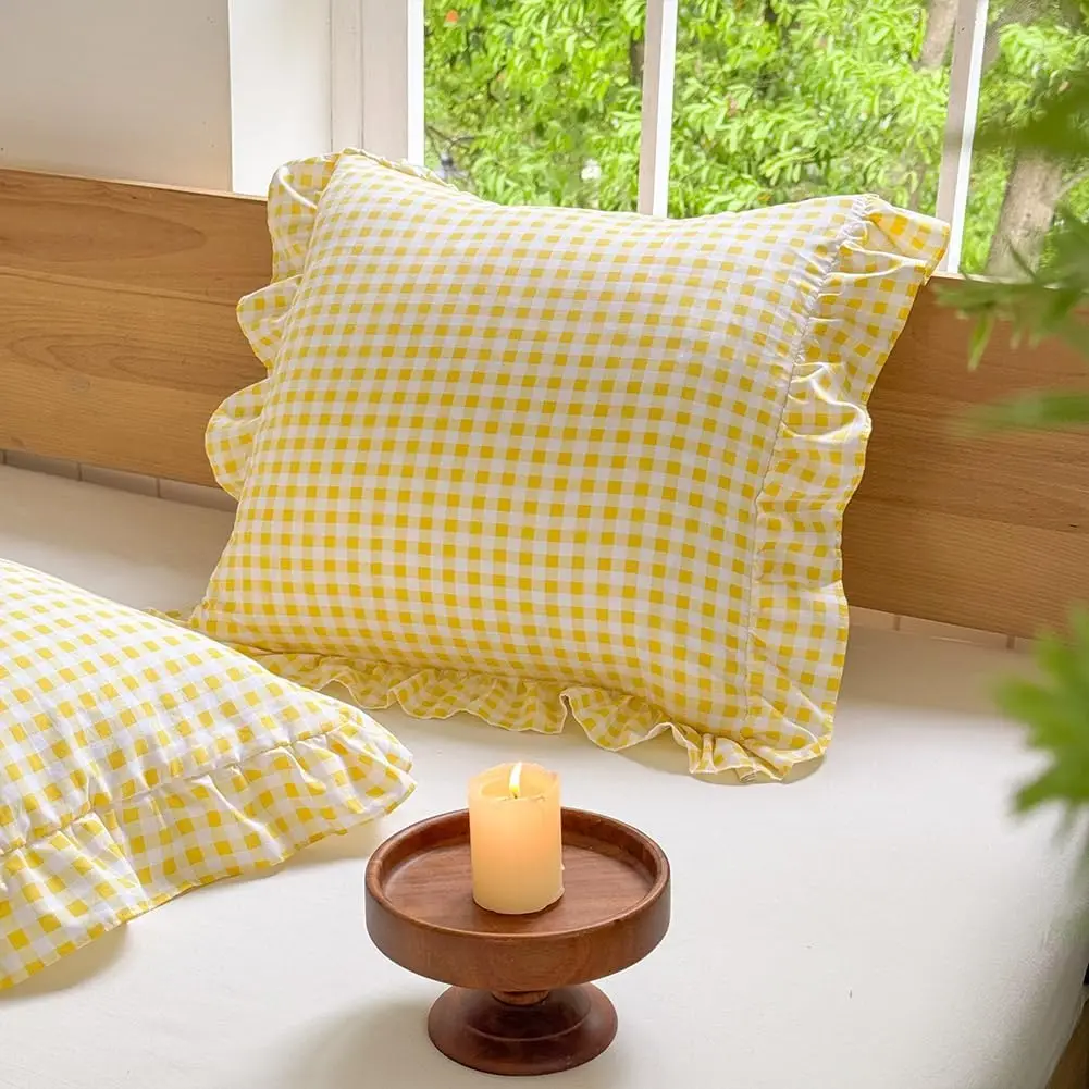 

Yellow Ruffled Plaid Gingham Pillow Shams 20""X20"", Set Of 2 Taupe Checked Pre-Washed Microfiber Farmhouse Pillowcases For