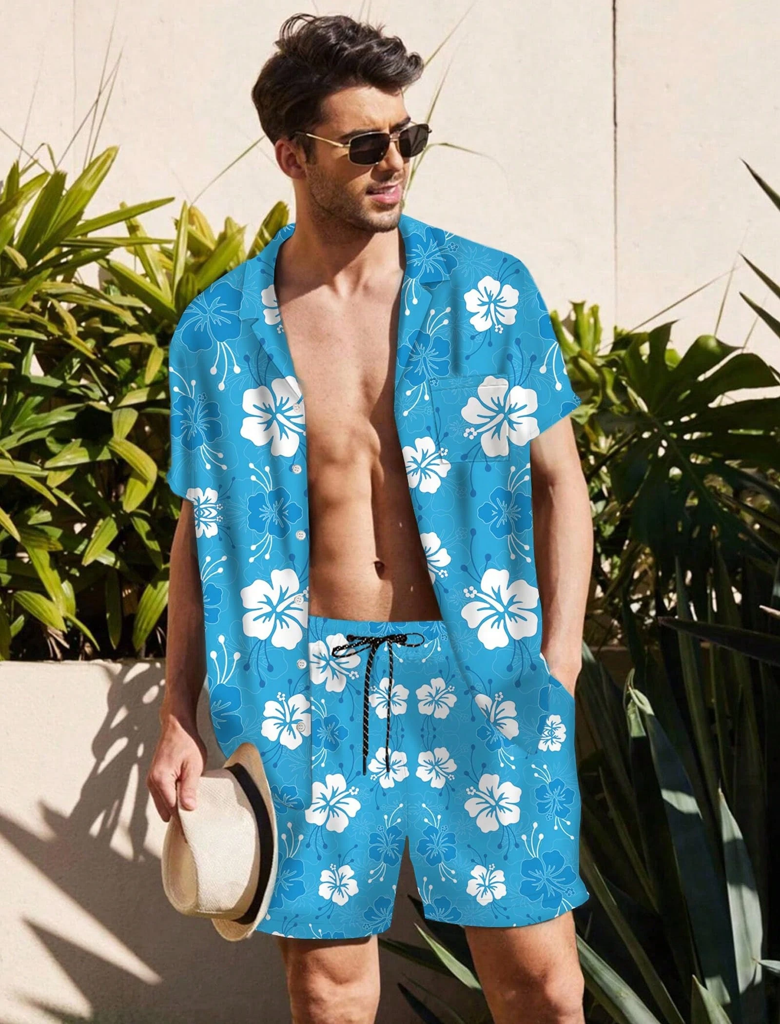 

Men's Casual Vacation Shirt Set, Short-sleeved Button Shirt, Men's Monster Print Hawaiian Shirt And Shorts Set, 2-piece Set