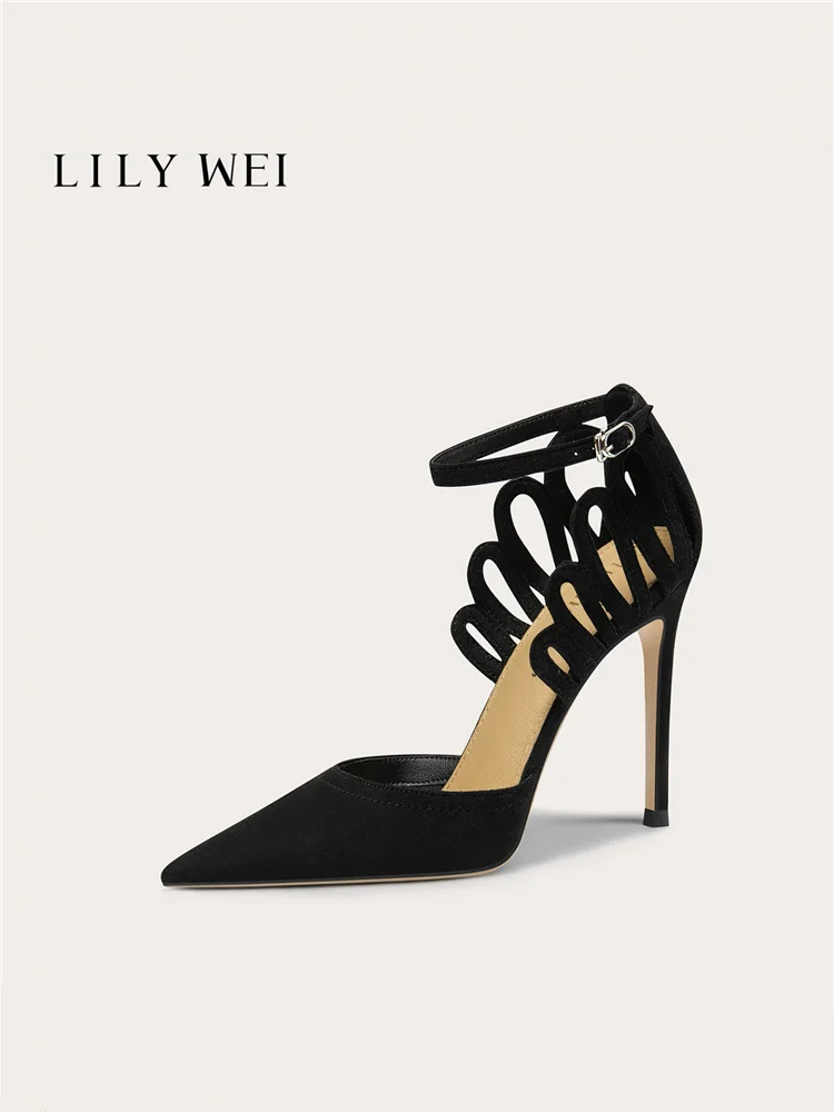 

Stiletto sandals summer pointed toe black hollow suede single shoes banquet large size small size widened version women's shoes