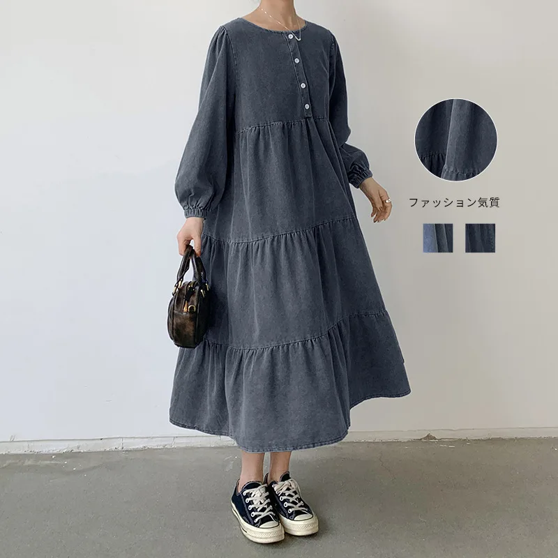 New women's clothing, Japanese and Korean loose denim dress, long over the knee casual versatile shirt skirt