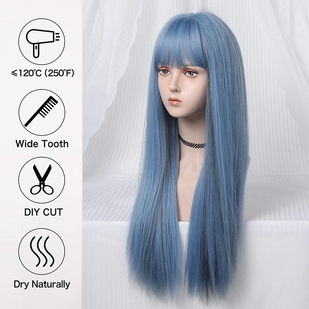 Long Straight Synthetic Wigs Light Blue with Ash Highlight Cosplay Wig with Bangs for Women Natural Hair Heat Resistant Fiber