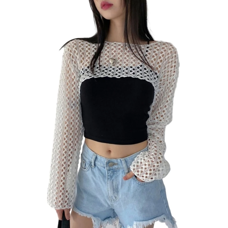 Women Casual 80s Costumes Fishnet Crop Tops Hoodies T-Shirt Fishnet Pullover Dropship