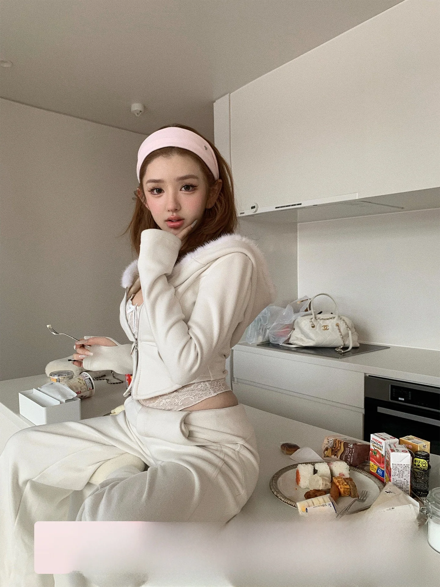 

DOGGYQIN Women's Casual Lace Hat Coat with Built-in Chest Pad Mink Collar Long Pants Three-piece Set Winter Fashion Ensemble