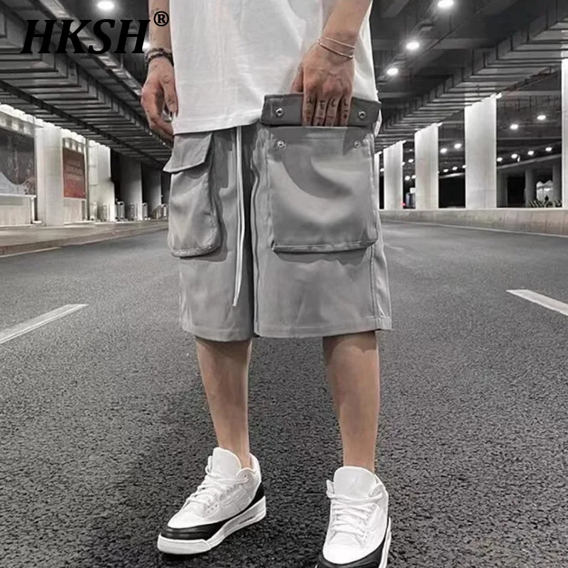 

HKSH Spring Summer Men's Tide Dark Patchwork High Street Three-dimensional Large Pocket Drawstring Casual Tactical Shorts HK1033