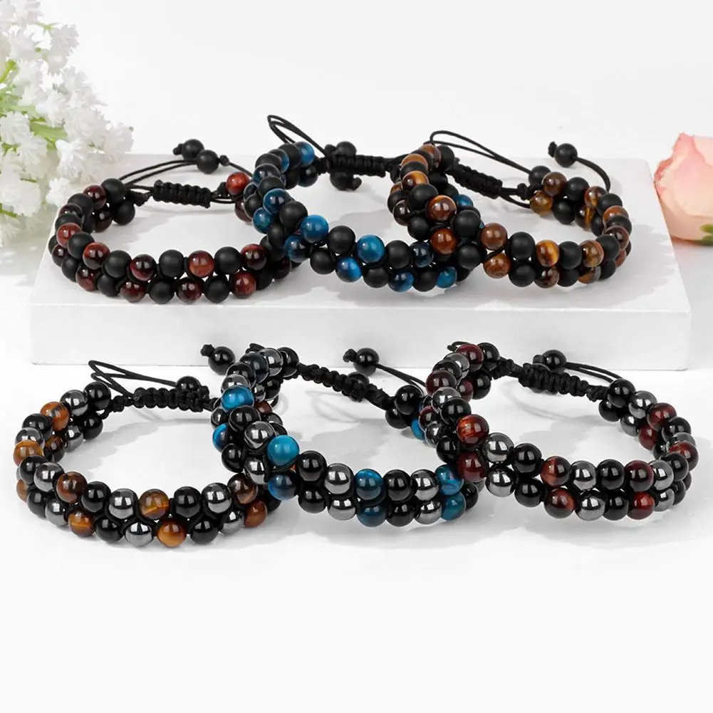 Gelang Perlindungan Tiga Baru 6Mm Manik-manik Mata Harimau Hitam Obsidian Hematit Gelang untuk Pria Wanita Gelang Pemberani Hombre S6S0