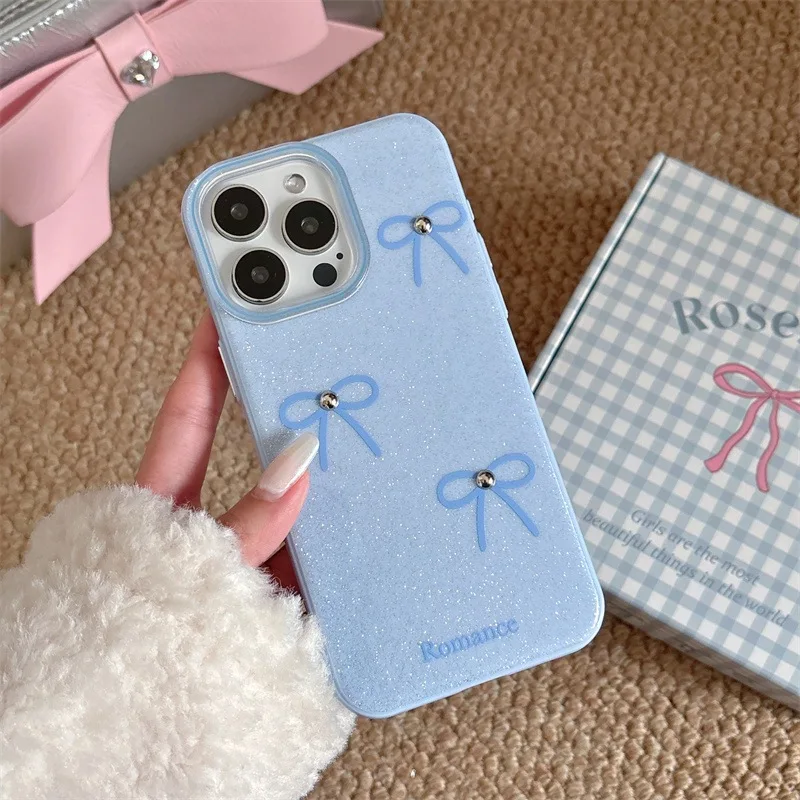 

Simple Ins Style Solid Color Glitter Three-dimensional Pearl Bow Anti Drop Phone Case Suitable for IPhone 16 Pro 15 14 13 ProMax