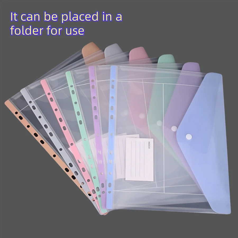 

6pcs/set envelope binder pocket - 11-hole folder, for 2/3/4-ring binders, side-opening plastic folder with snap fasteners