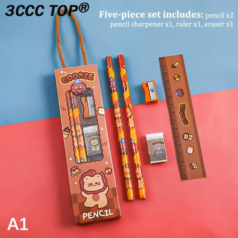 5Pcs/set Portable Stationery Set Cartoon Pencil Ruler Sharpener Eraser Set Gift For Kids School Office Writing Prize Stationery