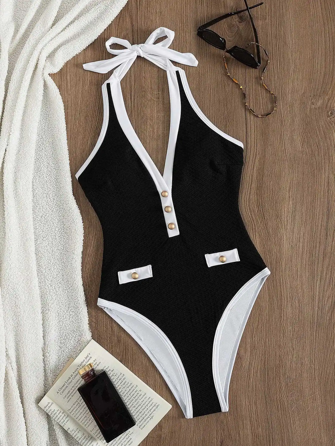 sexy black white patchwork deep v-neck swimsuits one piece bodysuits gold buttons swimwear bikinis bathing suit swimwear biquini