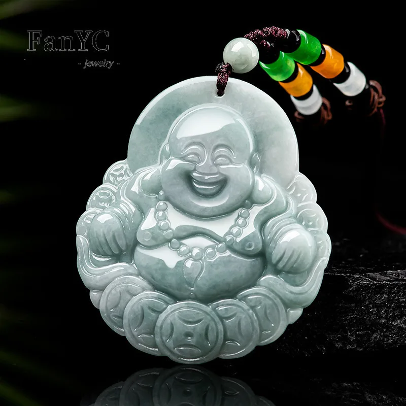 Myanmar Jadeite Money Smiling Buddha Pendant Hand-carved Fashion High-grade Glutinous Jade Necklace Men and Women Holiday Gift