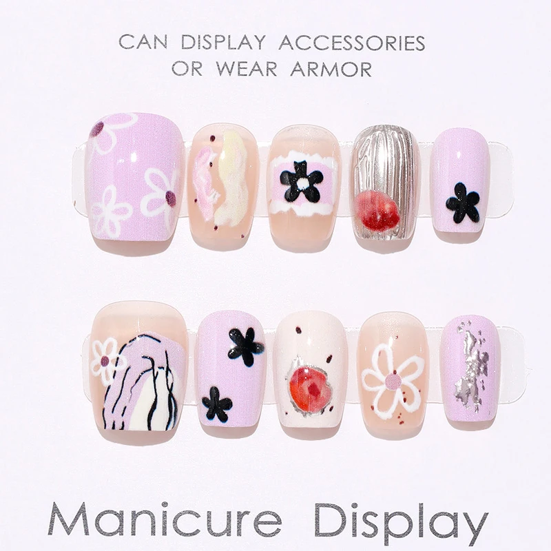 10Pcs Korean Style Women and Girls Cute Blue Heart and Bowknot Press On Nails Little Fresh Style Cat-eye Reusable Fake Nail Art