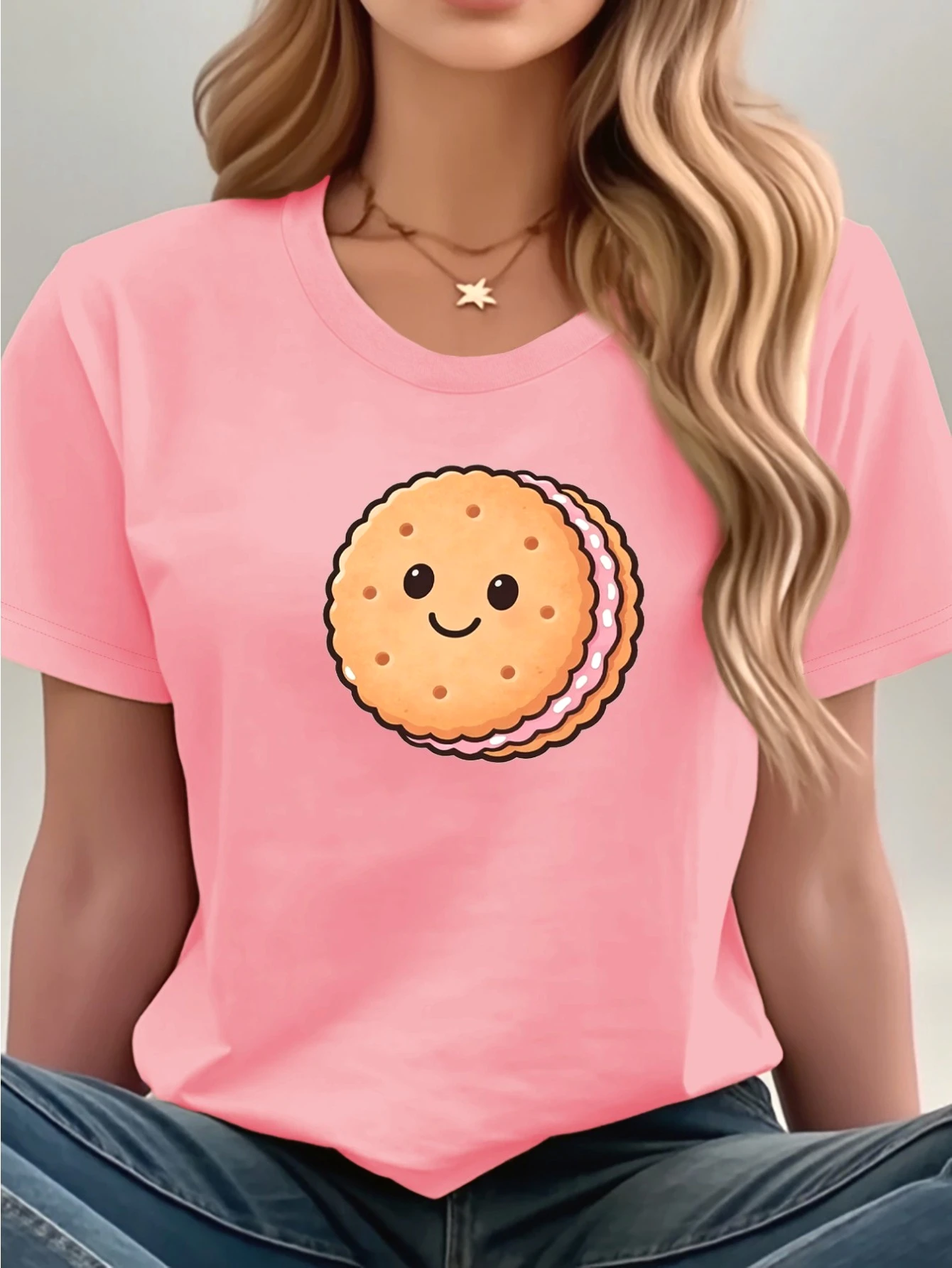 Cute Smiling Sandwich Biscuit T Shirt Women Short Sleeve Casual Top Sweet Snack Cartoon Print Comfort Soft for Everyday Wear