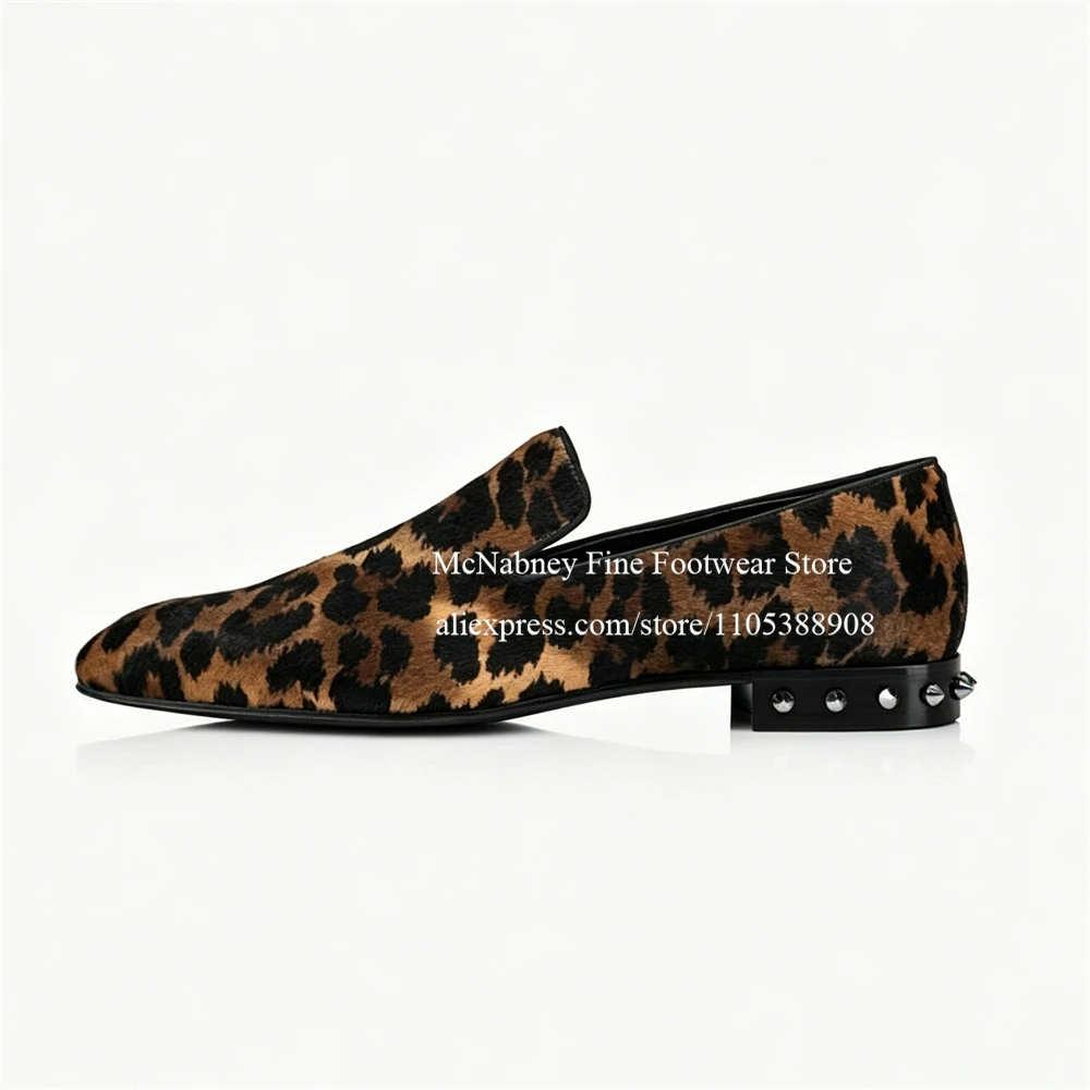 Leopard Print Velvet Slip On Loafers Pointed Toe with Studded flat Heel men casual shoes for Streetwear Party Fashions Plus Size