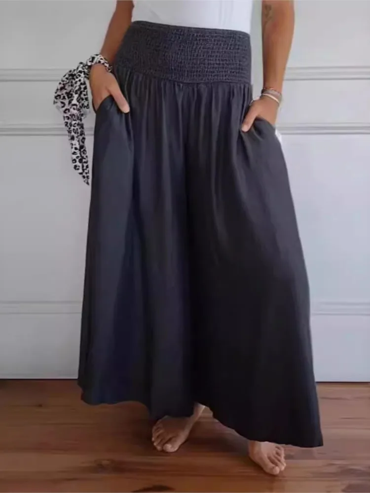 New 2025 Women's Spring Summer Casual Loose Wide Leg Pants Fashion High Waist Solid Color With Pocket Long Pants Female Trousers