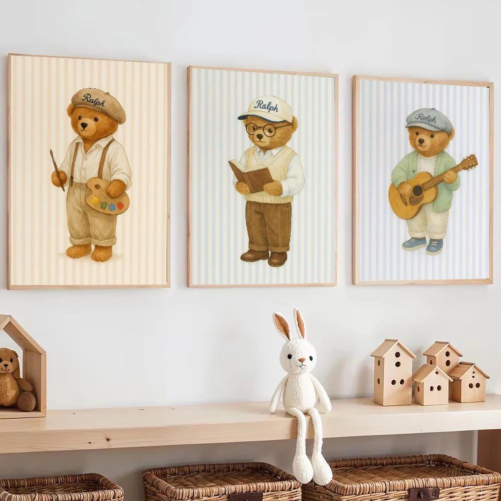 Blue Striped Skating Teddy Bear Playing Guitar Reading Poster Canvas Painting Print Wall Art Picture for Living Room Home Decor