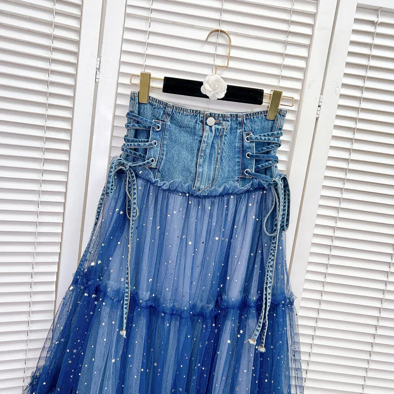 2024 New Fashion Big Swing Puff Skirt High Waist Medium Long Cake Cowboy Mesh Splicing Star Sparkle Fairy Skirt A-line Skirt