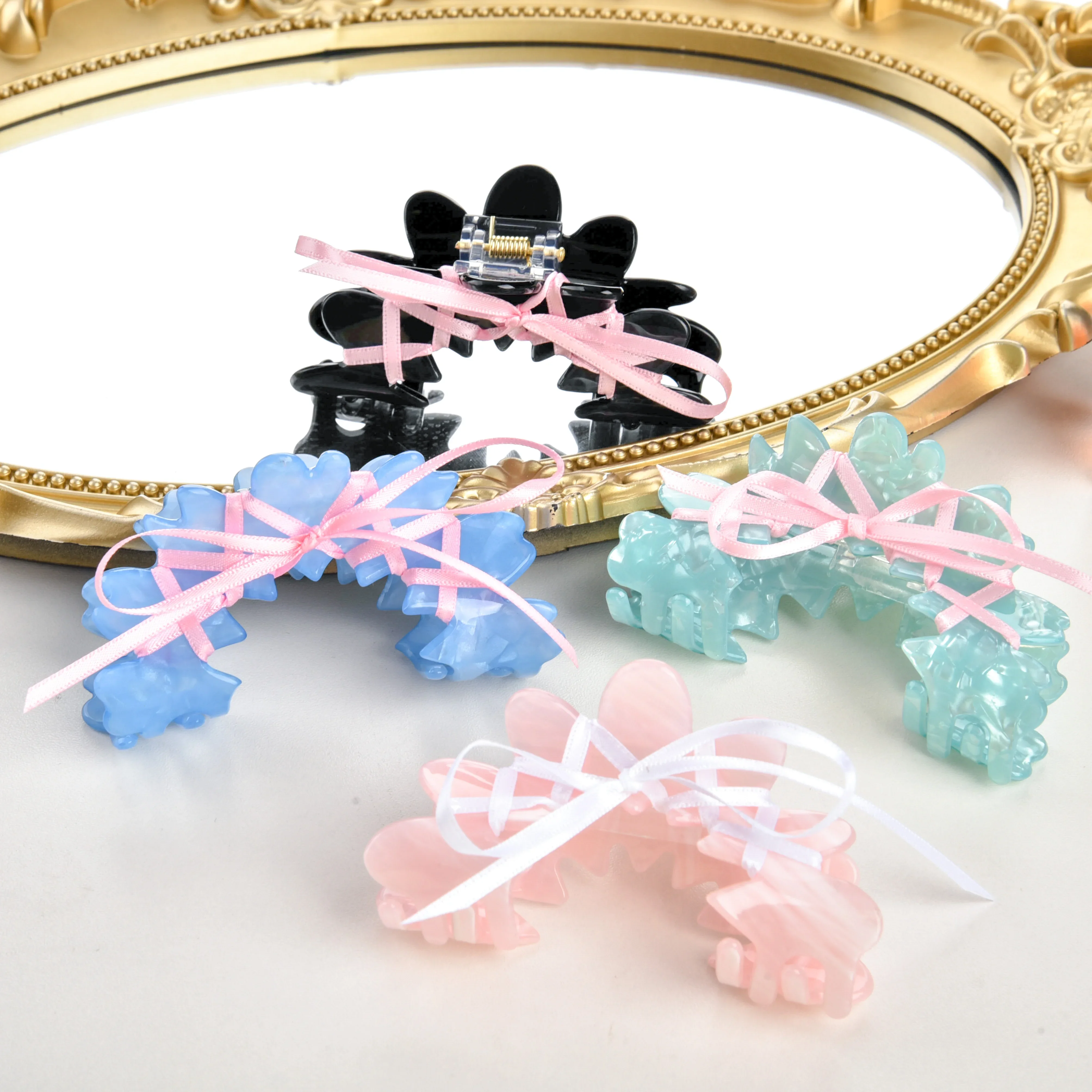 YHJ Acrylic Ballet Style Hair Claw Korean Ribbon Bowknot Flowers Hair Clips Sweet Girl Wave Grab Clip Hair Accessories for Women