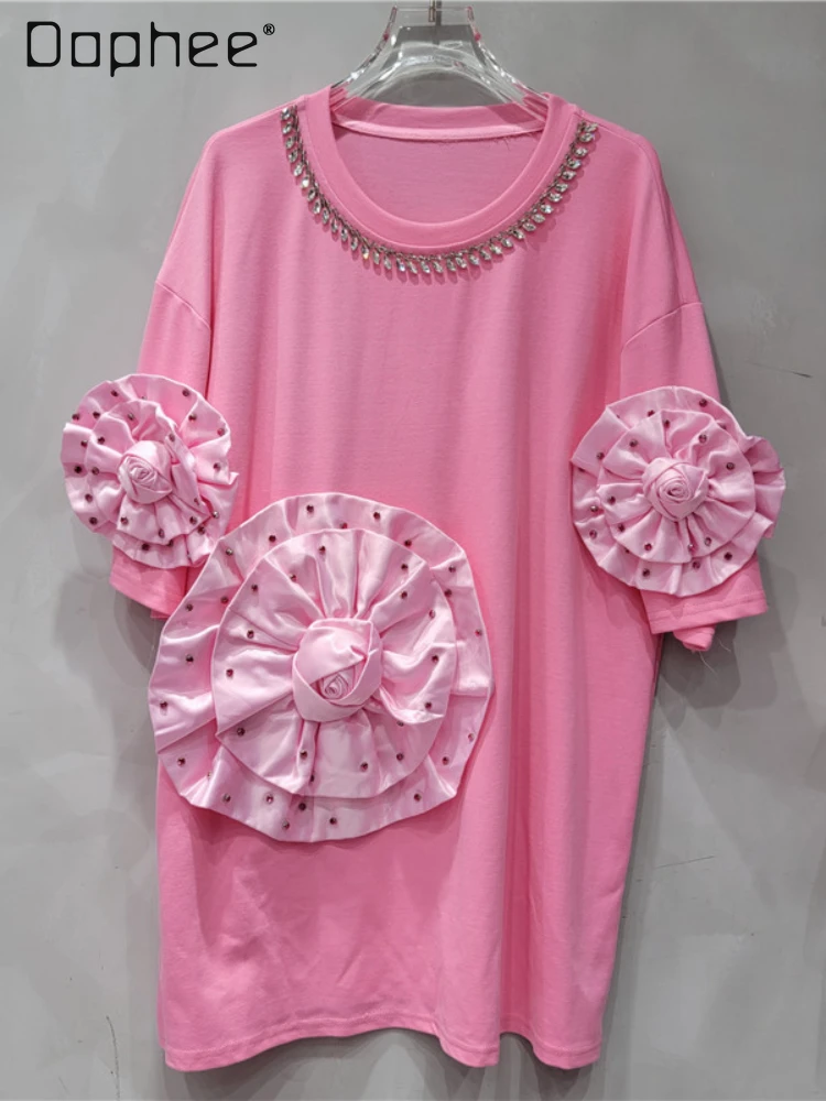 Heavy Industry Three-Dimensional Large Flower Diamond Half Sleeve T-shirt 2024 Summer New Sweet Pink Casual Loose Top Women