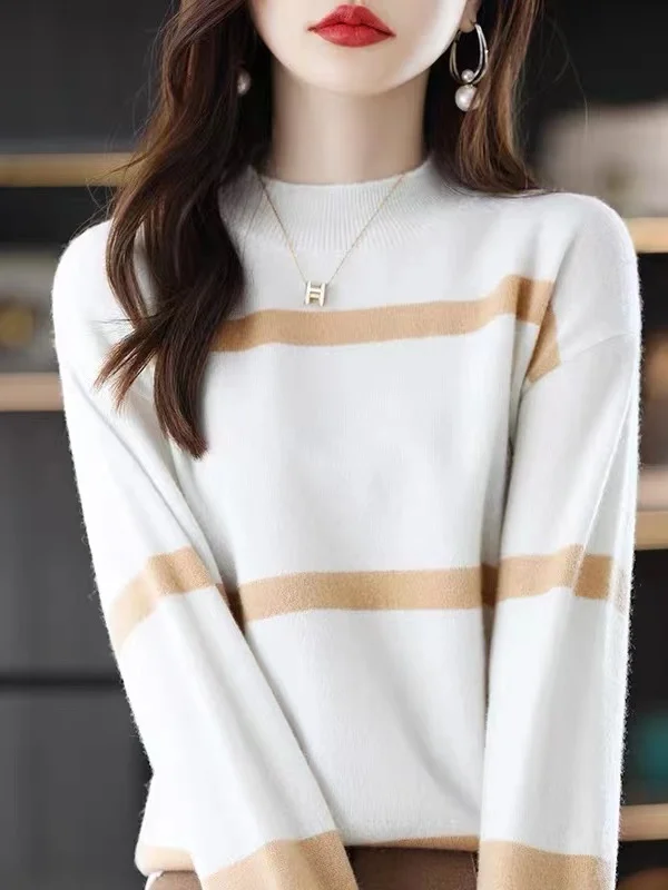 

Loose Women's Wool Base irt Knitted Sweater Autumn Winter Bla White Stripes Loose Feeling Wool Top Comfortable Long Sve