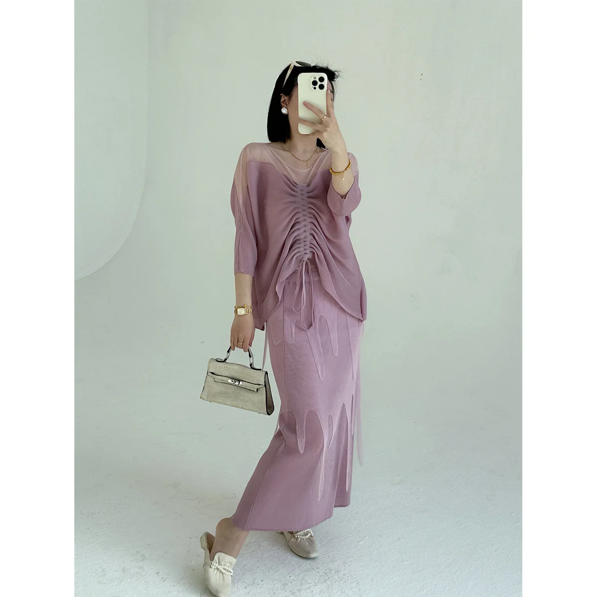 YUDX Delicate Mesh Ruched Two-Piece Set Sheer Flowy Miyake Pleated Lightweight Women's 2026 Spring Summer Loose Fit Chic Co-ords