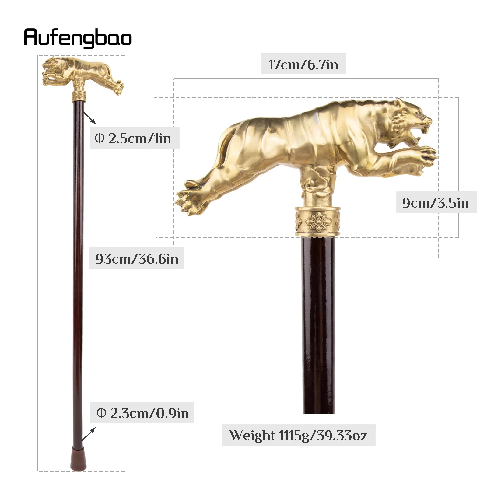 Golden Copper Tiger Single Joint Fashion Wooden Walking Stick Decorative Cospaly Walking Cane Halloween Mace Wand Crosier 93cm