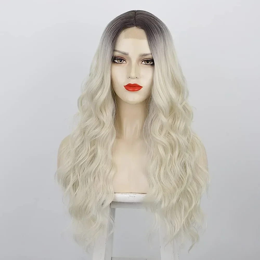 Wigs gradient ash blonde highlights synthetic front lace wigs 150% density long wavy replacement wigs for women wig