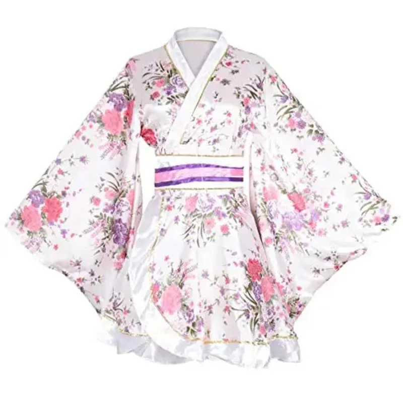 Women's Kimono Costume Adult Japanese Geisha Yukata Sweet Floral Patten Gown Blossom Satin Bathrobe Sleepwear with OBI Belt F