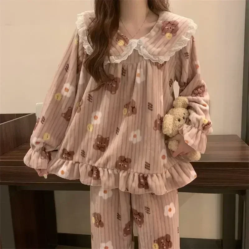 POCZCIY Ruffles Pajamas Women Autumn Winter Peter Pan Collar Ruffle Sleeve Pajama Top and Elastice Waist Pants 2 Pcs Pajama Sets