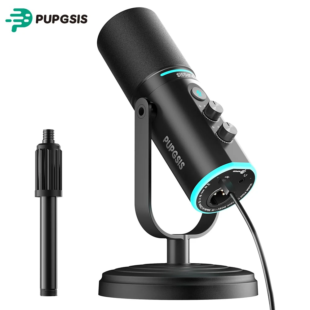 PUPGSIS Podcast-Mikrofon-Set, dynamisches USB/XLR-Gesangsmikrofon, Streaming-Mikrofon mit RGB-Beleuchtung für PC/XLR-Mixer, mit Stummschalttaste, Kopfhöreranschluss, Verstärkungsregler, für