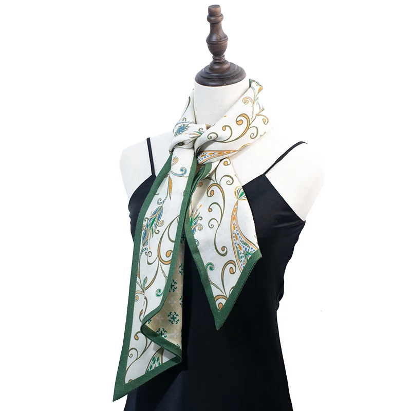 Vintage Green Peacock Print Mulberry Silk Wool Ribbon Scarf Multifunctional Triangle Bandana Fishing Cycling Outdoor Sports Neck