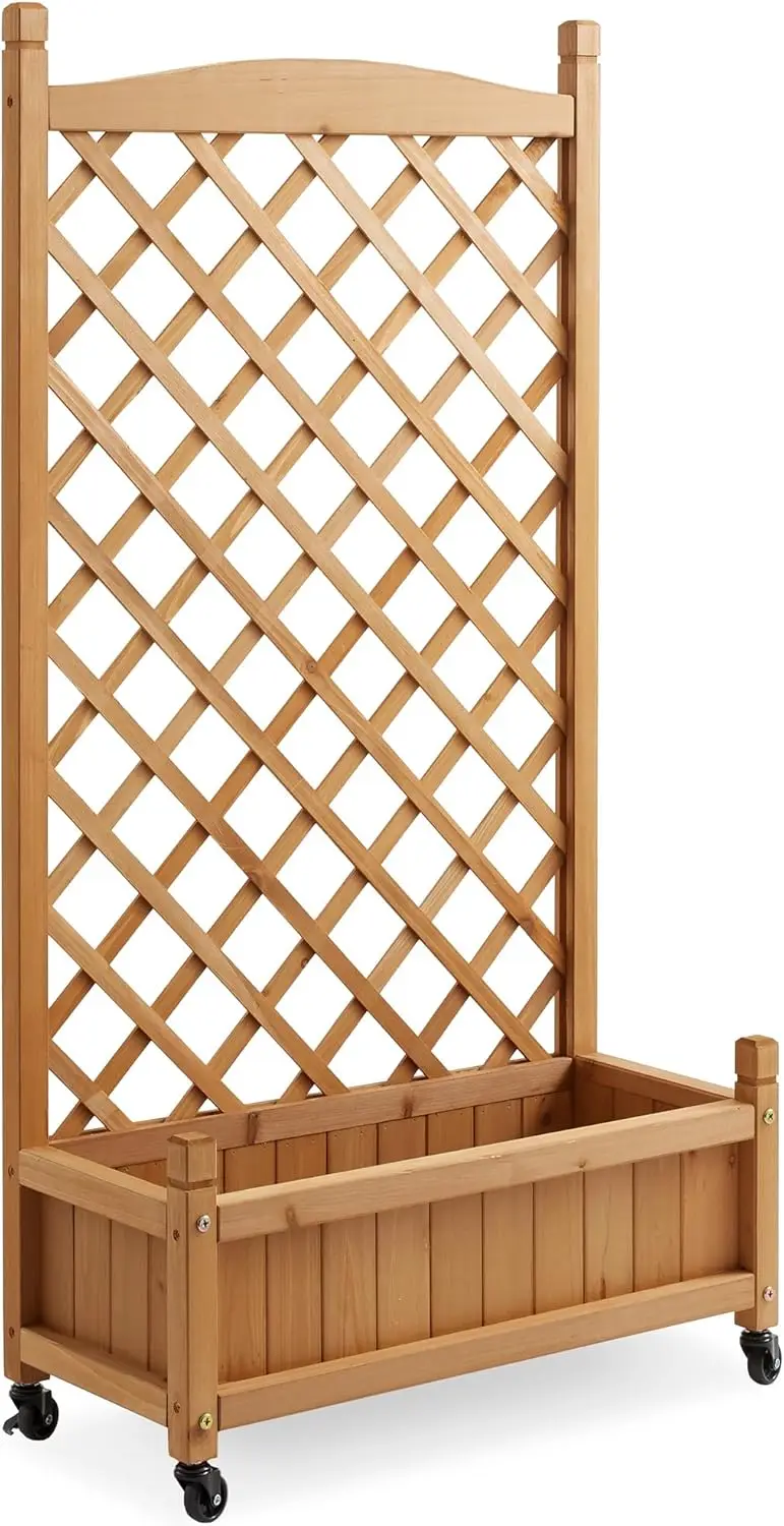

48" Raised Garden Bed with Trellis - Wooden Diamond Lattice for Climbing Plants and Planter Box with Drainage Holes and Wheels