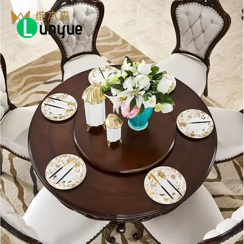 American Style Solid Wood Dining Table and Chair Set with Luxury Genuine Leather Carved Design Easy Assembly Disassembled for