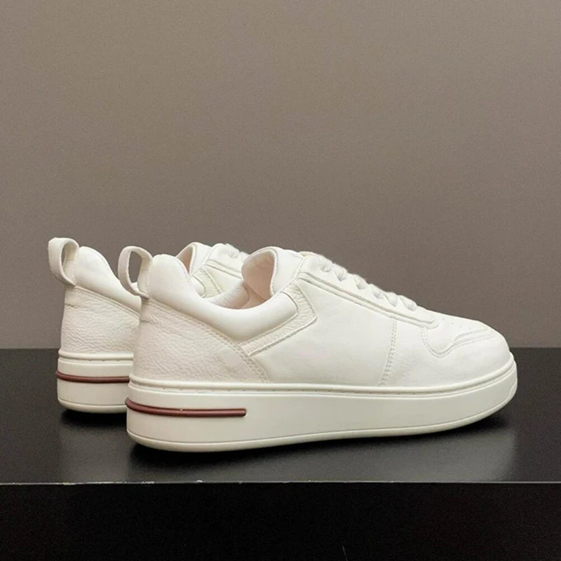 White Genuine Leather Breathable Men Platform Sneakers Lace-Up Round Toe Thick Sole Casual Daily Skate Board Shoes