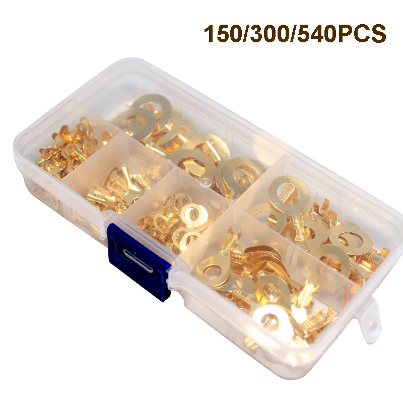 150/330PCS M2/M3/M4/M5/M6/M8/M10 Ring Lugs Eyes Copper Crimp Terminals Cable Wire Connector Non-insulated Assortment Kit