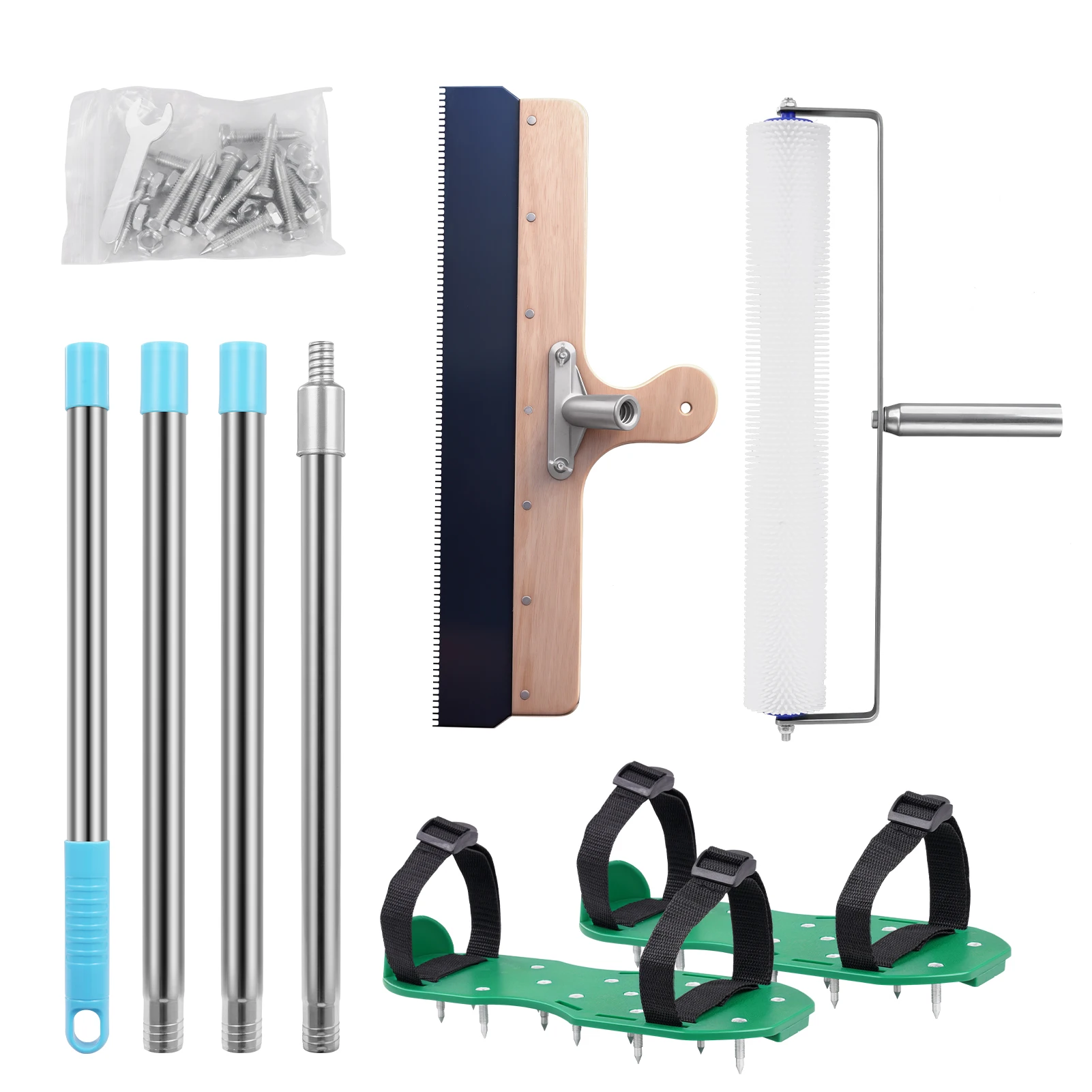 Self Leveling Cement Tool Kit Spiked Roller Spike Shoes Leveling Rake Scraper Epoxy Floor Tool with Adjustable Telescopic Pole