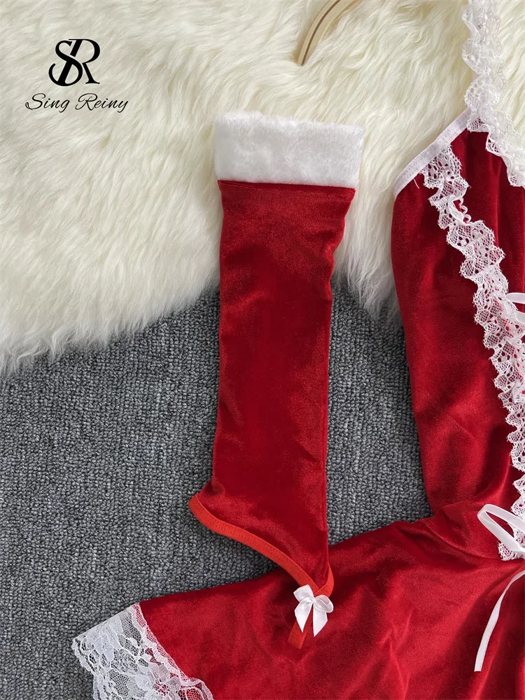 فستان عيد الميلاد المثير من SINGREINY 2024 بحزام متقاطع على شكل حرف a ملابس نوم حسية للسيدات قصيرة من الدانتيل المخملي فستان نوم